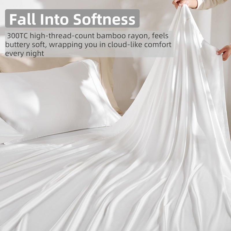 GOKOTTA Full Size Bed Sheets 4 Piece Set, 100% Rayon Derived from Bamboo, Cooling for Hot Sleepers-Luxury Breathable Soft Sheets, Deep Pocket 15" Fitted Sheet with Elastic Corner Straps, Cream White - Image 3